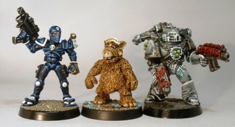 L to R: 40k Rogue Trader era Imperial Assassin, Four A Alien Life Form, 40k 3rd edition Space Marine.