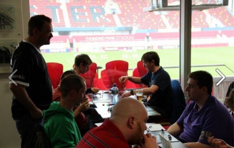 Game 2.  Thats me rightmost at the rear and Seoirse opposite.  The stadium grounds are visible through the window.