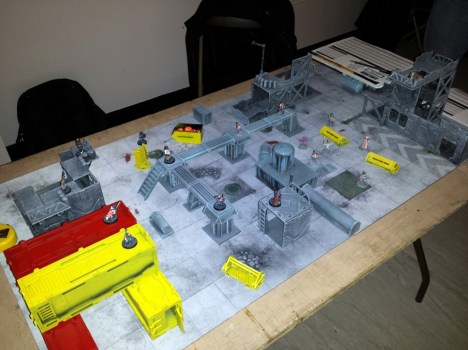 Warlord Games Judge Dredd Miniatures Game demo table (using Deadzone terrain)