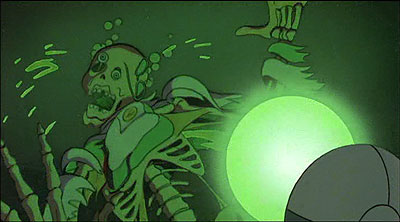Heavy Metal Astronaut having his face melted by green glowing stuff.