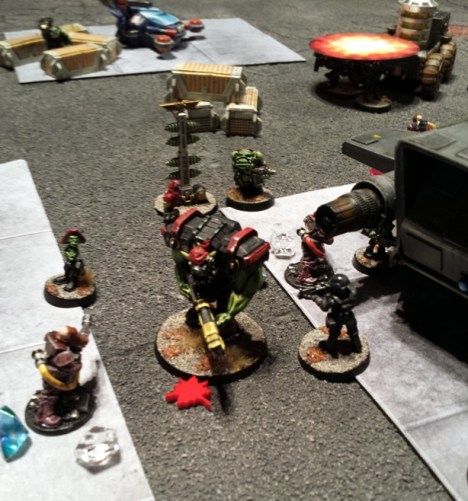 The Purgator fusillade continues, with a blast rocking FIddy and the fuel tank that he is next to.  Big BIlly walks through the firestorm, becoming wounded in the process, but the reassuring cawing from Crackers on his shoulder keeps him from drawing his refitted mining laser in anger and drawing the ire of the Cartels.