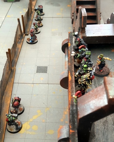 My small force of orks lined up in cover, ready to receive the armoured assault.