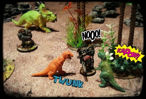 Nazgrubs advanced mental faculties (well, relative to Chompers) cause him to generate "nerdatone" hormone, which in turn draws a pack of velociraptors.